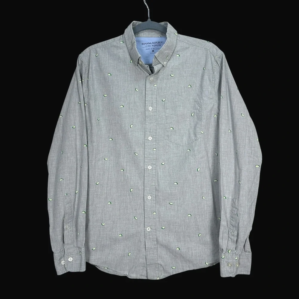 Banana Republic Mens Luxe Poplin Shirt Grey‎ Lime Slice Print Slim Fit Medium